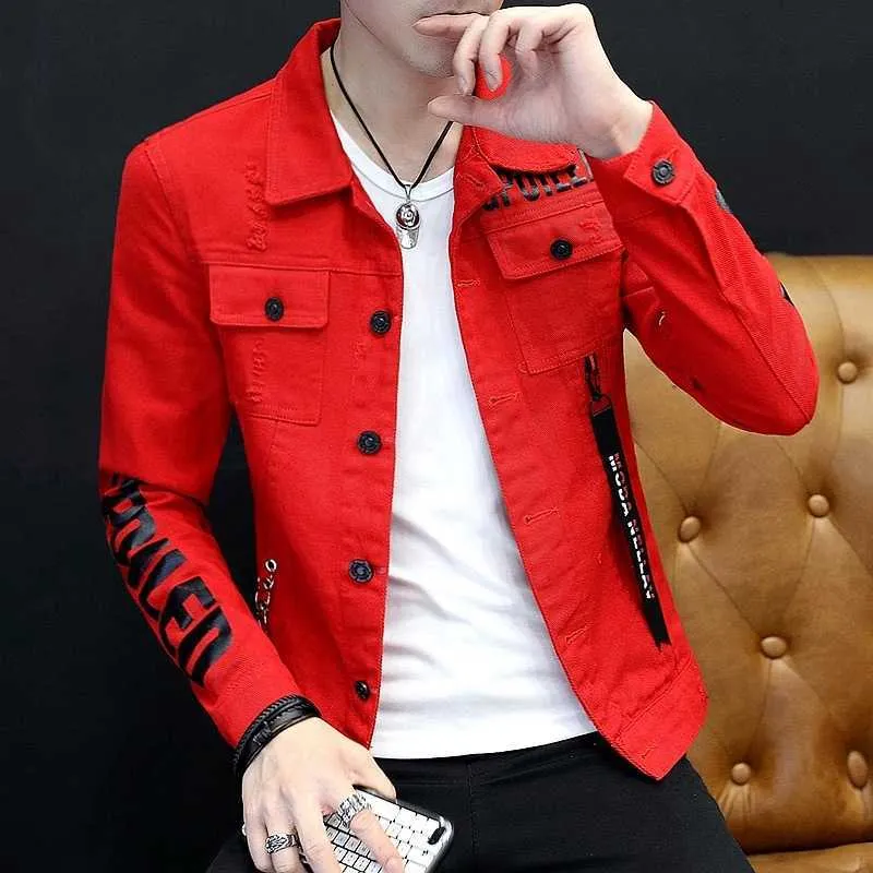 Мужская джинсовая куртка 2021 осень зима красный / серый / белый принт-стрит одежды подростки мужчин одежда корейская куртка ковбой хип-хоп шерсть X0621