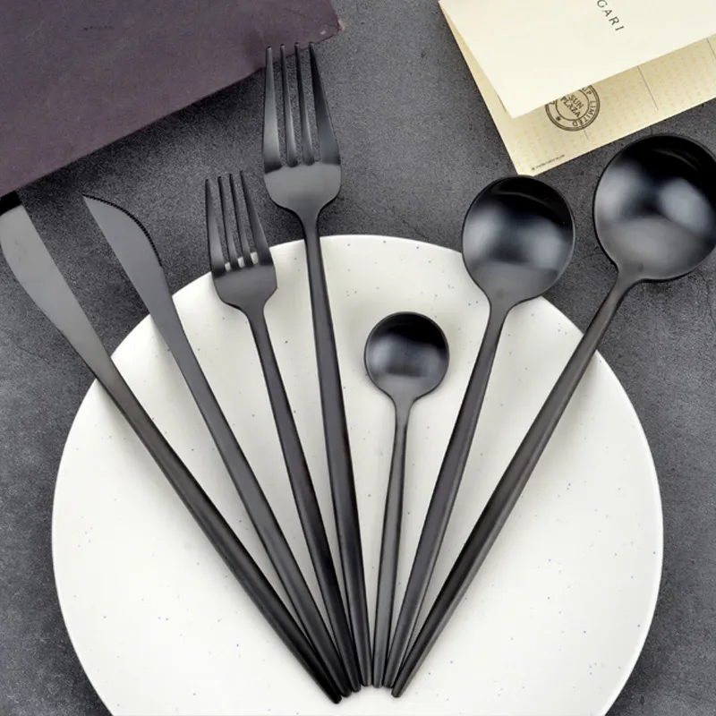 Edelstahl Schwarz Messer Gabel Löffel Set Steak Tischmesser Kaffeelöffel Kuchen Käse Gabeln Küche Hotel Geschirr Sets BH5196 WLY