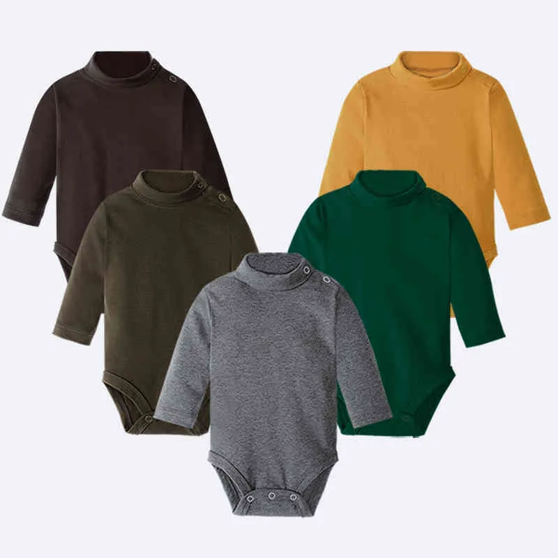 Baby Boy Kläder 100% Bomull Ren Solid Nyfödda Bodysuiter Turtleneck Premature Kläder T-shirts Toppar 0 1 2 3 år PJS Soft 210413