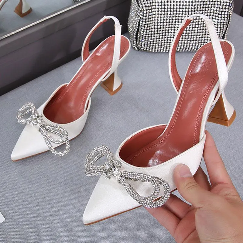 Dress Shoes Glitter Rhinestone Women Pumps Crystal Bowknot Satin Pointed Toe High Heels Slingbacks Shoe Slip On Ladies Wedding Sandal