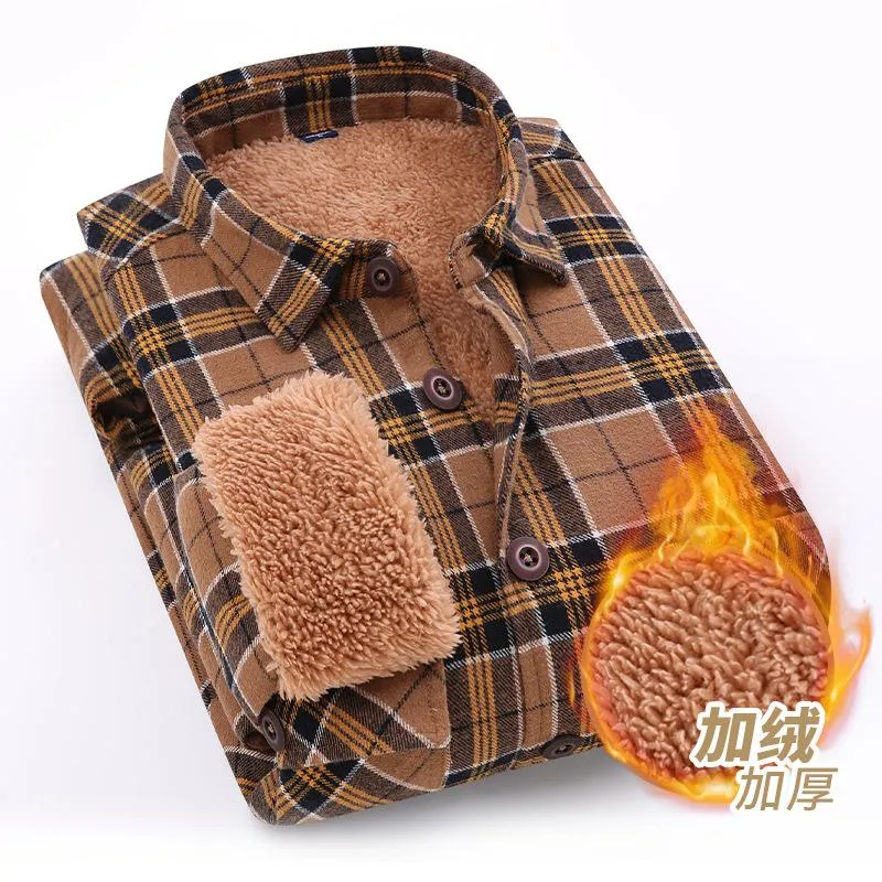 メンズカジュアルシャツ男性服2021秋冬コットンシャツ日本のトレンドチェック柄ラムベルベットの厚さは快適で暖かいです