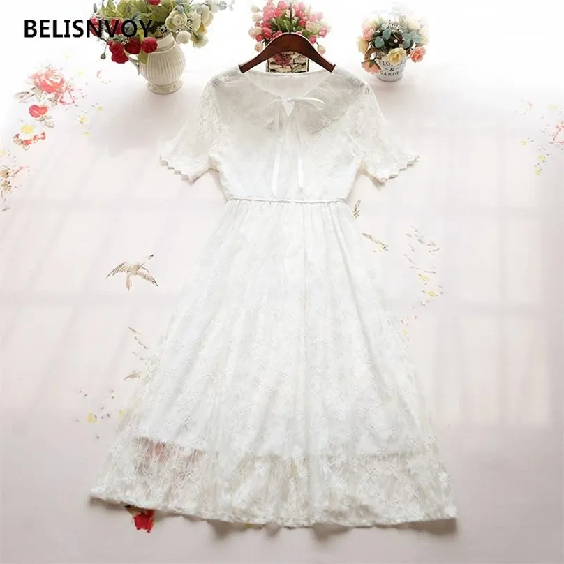 Mori Girl Summer Women Słodkie sukienki Peter Pan Collar White morel Hollow Out Bow Sundress Elegancka Koronkowa Party Midi Dress 210520