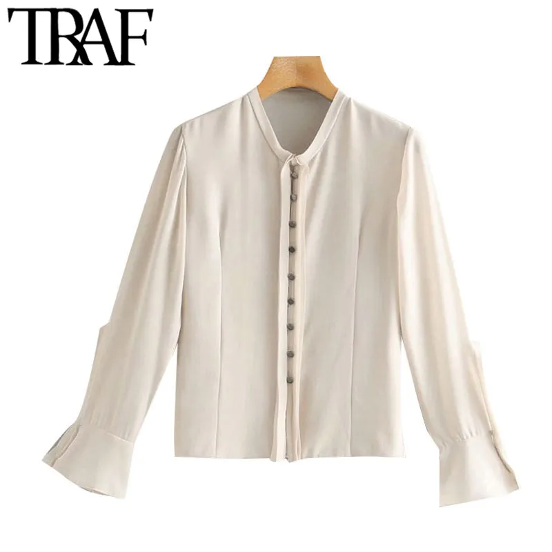 TRAF Dames Mode Semi-Sheer Button-Up Blouses Vintage O Hals Lange Mouw Vrouwelijke Shirts Chique Tops 210415