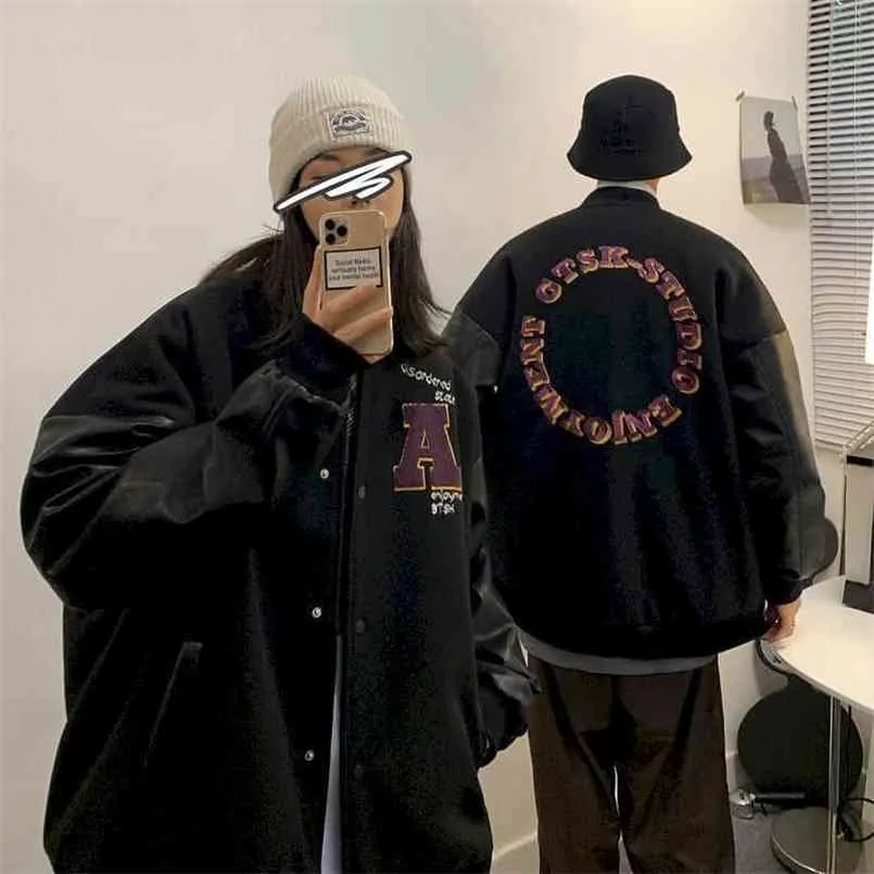 men womens Baseball uniform jacket autumn Hong Kong style Korean letter embroidery coat loose stitching thicken lovers 210914