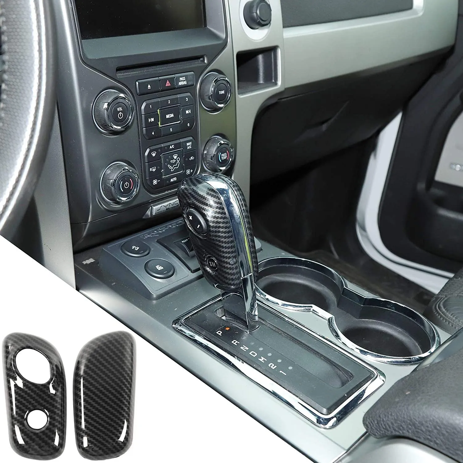 CheroCar 2-Piece Gear Shifter Head Cover Trim Bezels For Ford F-150 2009-2014 – Carbon Fiber Look ABS