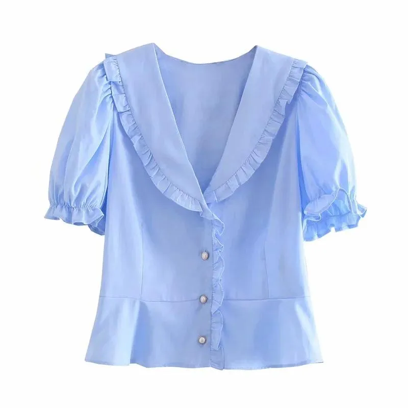 Kvinnors Blusar Sommar Toppar Smycken Knapp Ruffles Puff Sleeve Kvinnlig skjorta Blus Casual Fashion Chic Camisas Mujer Blusas 2021