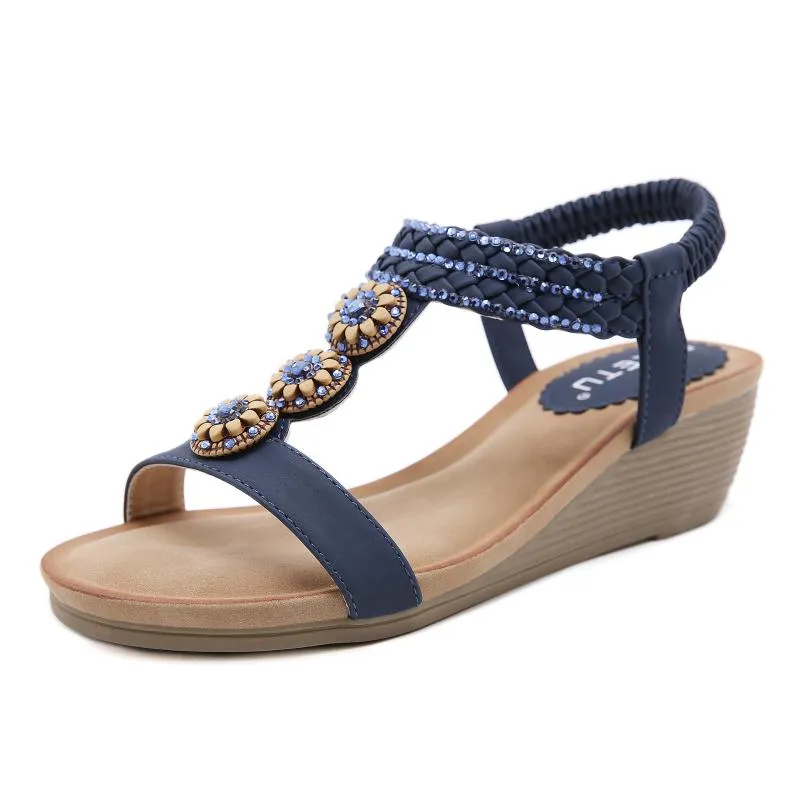 Style bohème perle strass sandales compensées femmes décontracté talons hauts chaussures d'été 2021 filles douces sans lacet confort plage