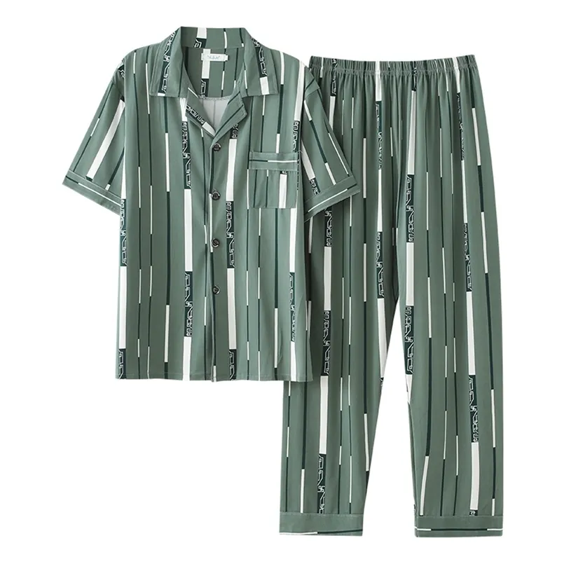 Mäns pajama set vår sommar bekväma män sleepwear kortärmad bomull pyjamas män elastisk midja byxa fritid outwear 210812