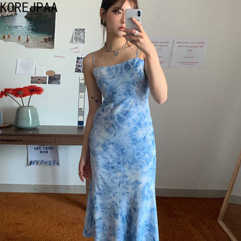 Korejpaa Women Dress Summer Korean Chic Temperament Square Neck Leaking Collarbone Slimming Tie-Dye Print Suspender Vestido 210526