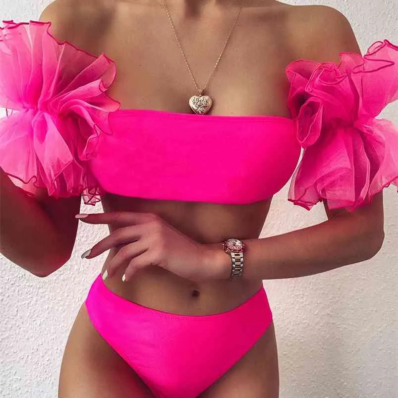 women Sexy swimsuit Strapless Mesh ruffle bandeau bikini swimwear High waist set Black pink bathing suit female 210629