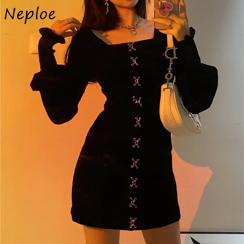 NEPLOE Square Collar Clavicle Exposed Sexy Party Dress Kobiety Wysokiej Talii Hip Skinny Vestid Vestidos Pullover Długi Rękaw Robe 210423