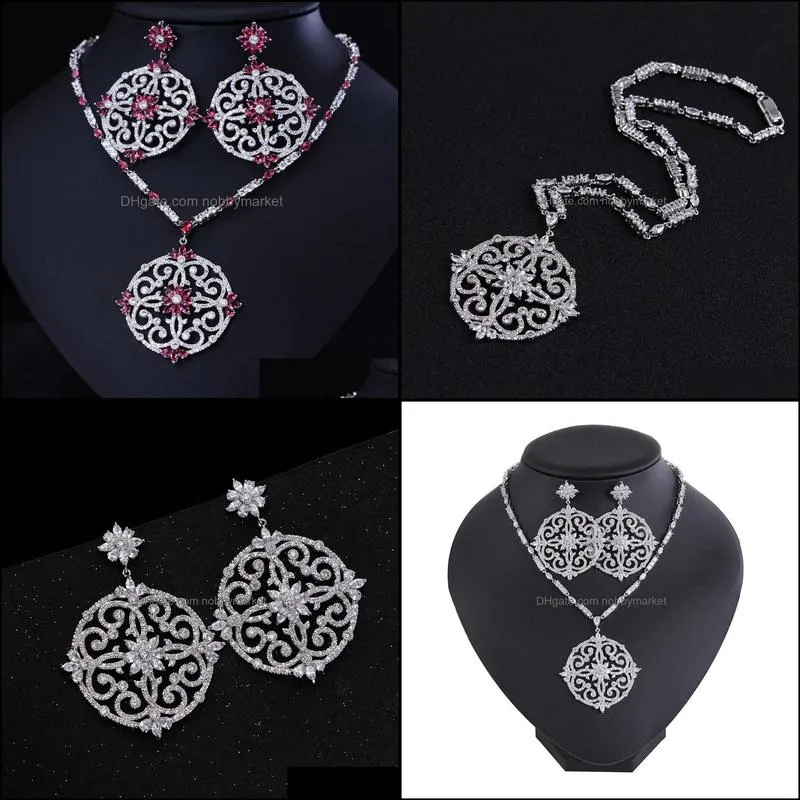 Luxury New Fashion Clear CZ Crystal Wedding Party Flower Cut Necklace Earrings Set for Women Princess Jewelry Set C18122701