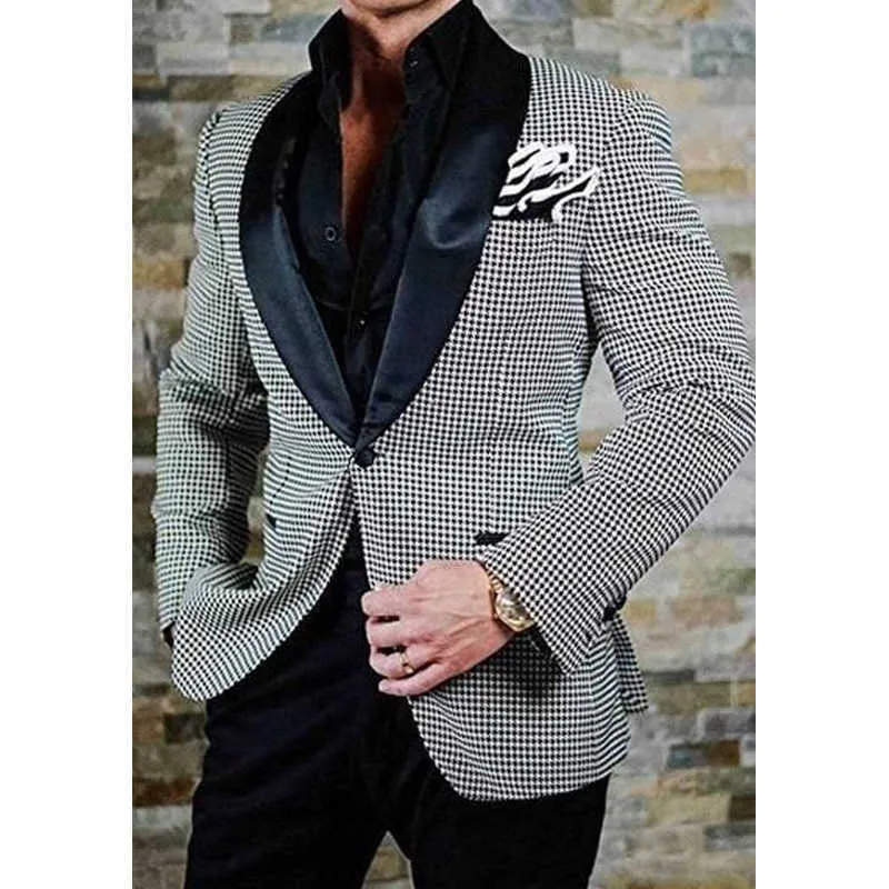 2 piece Checkered Men Suits with Shawl Lapel Slim fit Wedding Tuxedo for Groomsmen Plaid Man Fashion Clothes Set Jacket Pants X0909