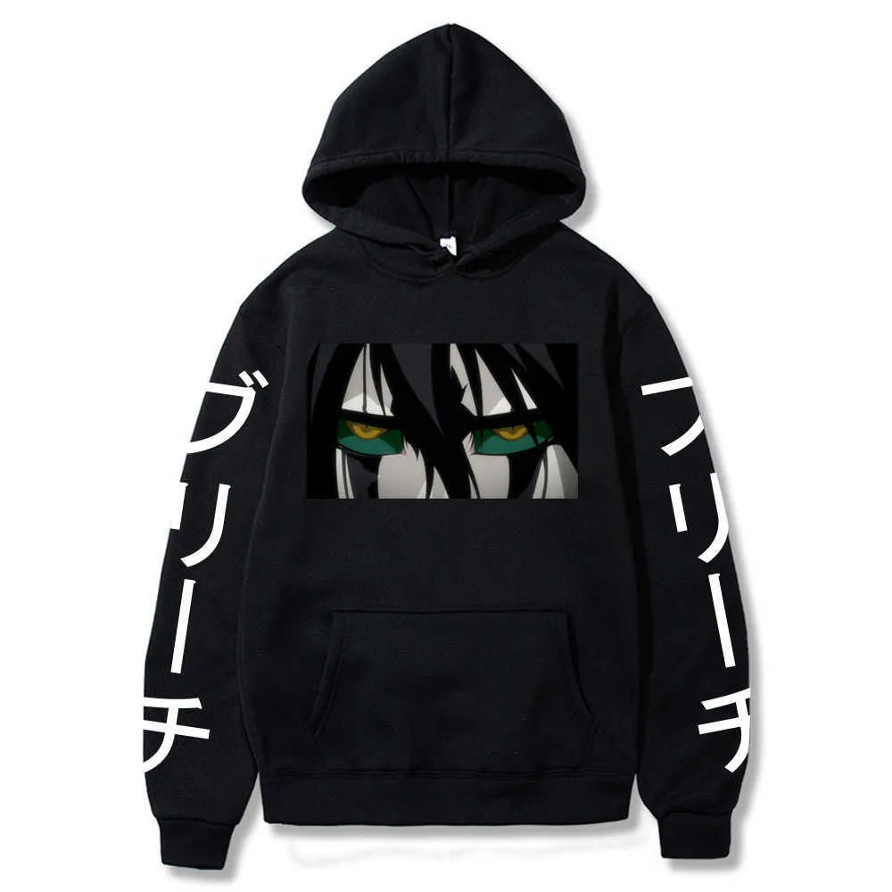 Rolig Anime Blesch Cool Men Ulquiorra Cifer Eyes Hoodies Pullover Kvinnor Harajuku Tecknad Vinter Casual Loose Hooded Sweatshirt G1019