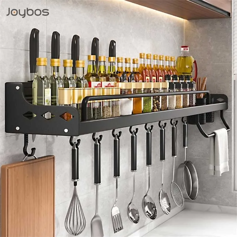 Joybos Kök Förvaringshylla Väggmonterad Spice Racks Space Aluminium Multifunktionell Punchfri Kichen Organizer 211112