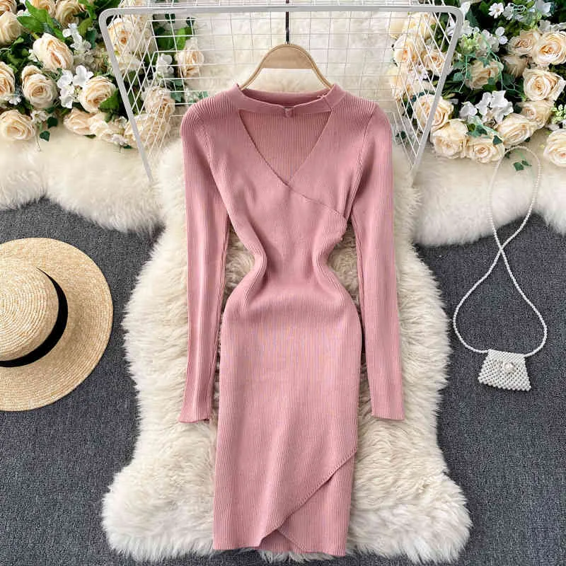 SINGREINY Design Irregular Knitted Dress Women Halter V Neck Long Sleeve Pencil Dress Autumn Winter Warm Bodycon Sweater Dress 210419