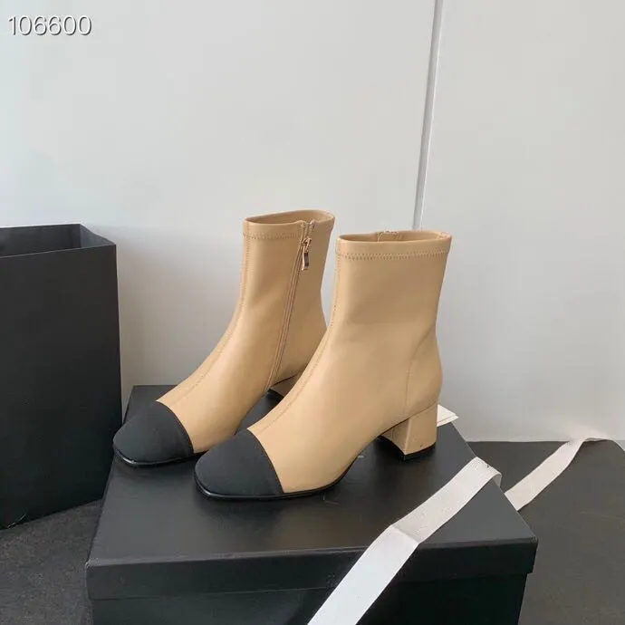 classical brand design woman fashion ankle boots 5.5cm chunky heel black beige mixed color side zipper shoes