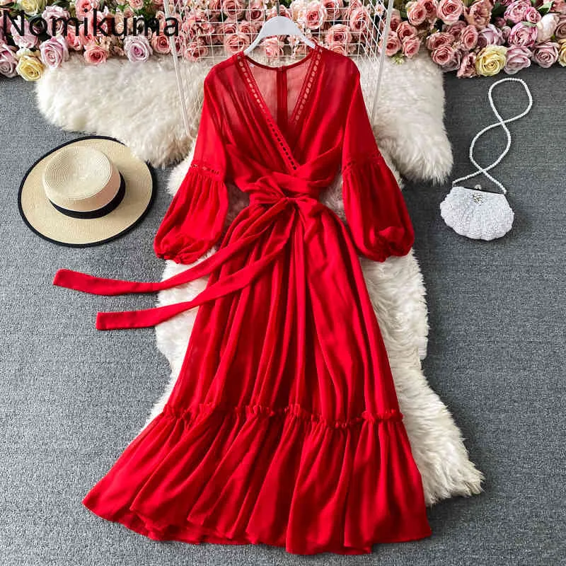 Nomikuma Vintage linterna manga con cuello en V vestido de mujer moda elegante vestidos rojos nuevo arco vendaje cintura delgada vestidos 6e690 210427