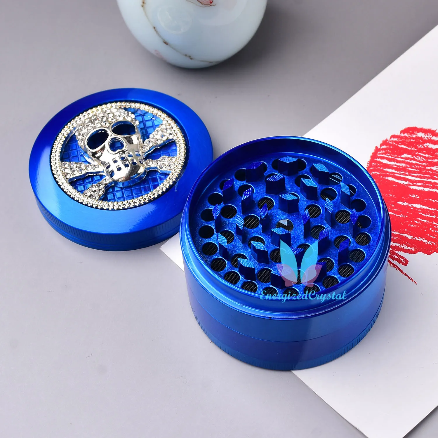 Mode 4-Layer Zinc Alloy Blue Skull Herbal Herb Tobacco Grinder Crusher Rök