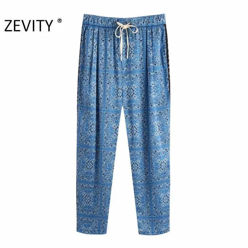 Zevity Women Vintage Patchwork Totem Flower Print Harem Byxor Chic Bow Slips Byxor Kvinna Pantaloner Mujer Retro Byxor P952 210603