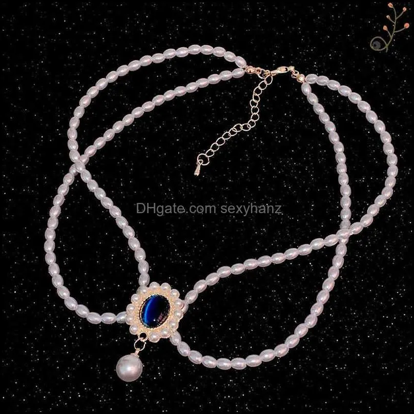 Korean version elegant dign double layer blue necklace neck chain temperament fashion exquisite pearl clavicle chain jewelry female