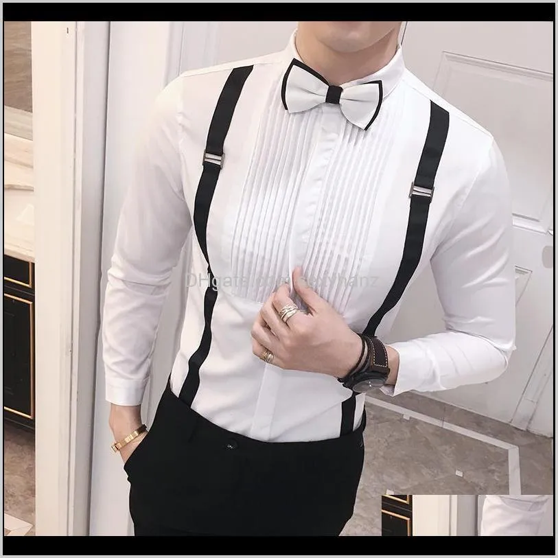 bow tie work shirt 2019 fashion designer male shirt slim fit black white club party performance stage clothing mens dress