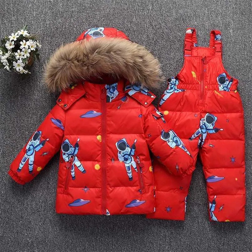 Vinter Barnkläder Ställer Varm Baby Boy Skidåkare Snowsuits Fake Fur Girl's Down Jackor Ytterkläder Coat + Suspender Jumps 211203