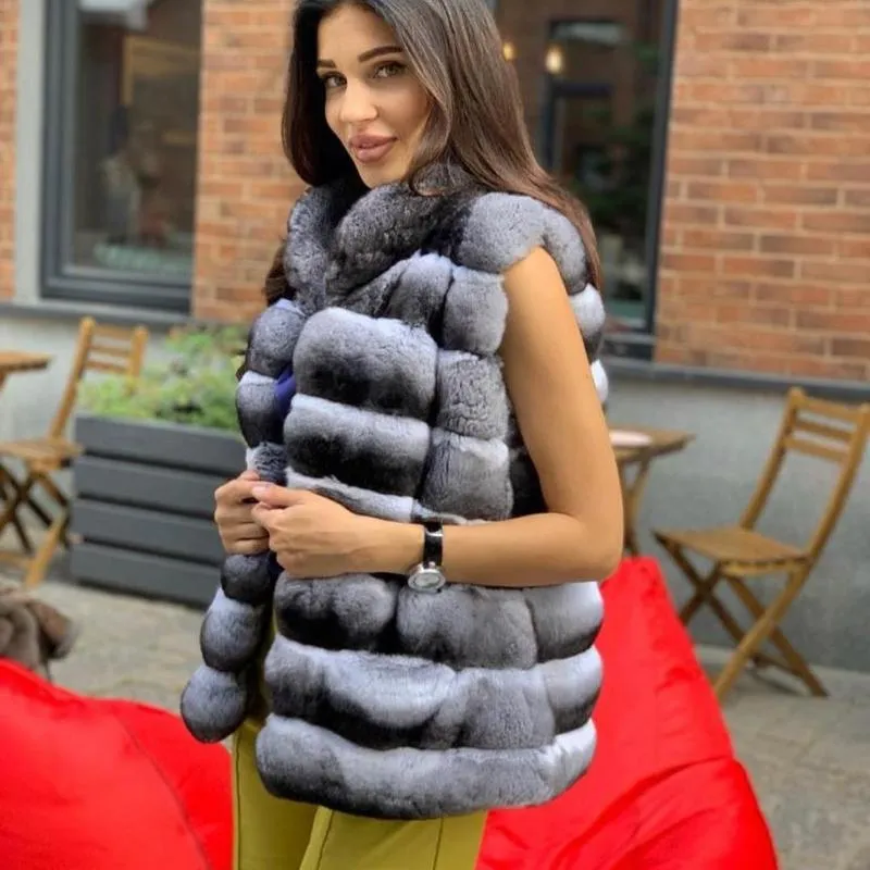 TOPFUR Womens Natural Rex Chinchilla Fur Faux Fur Waistcoat