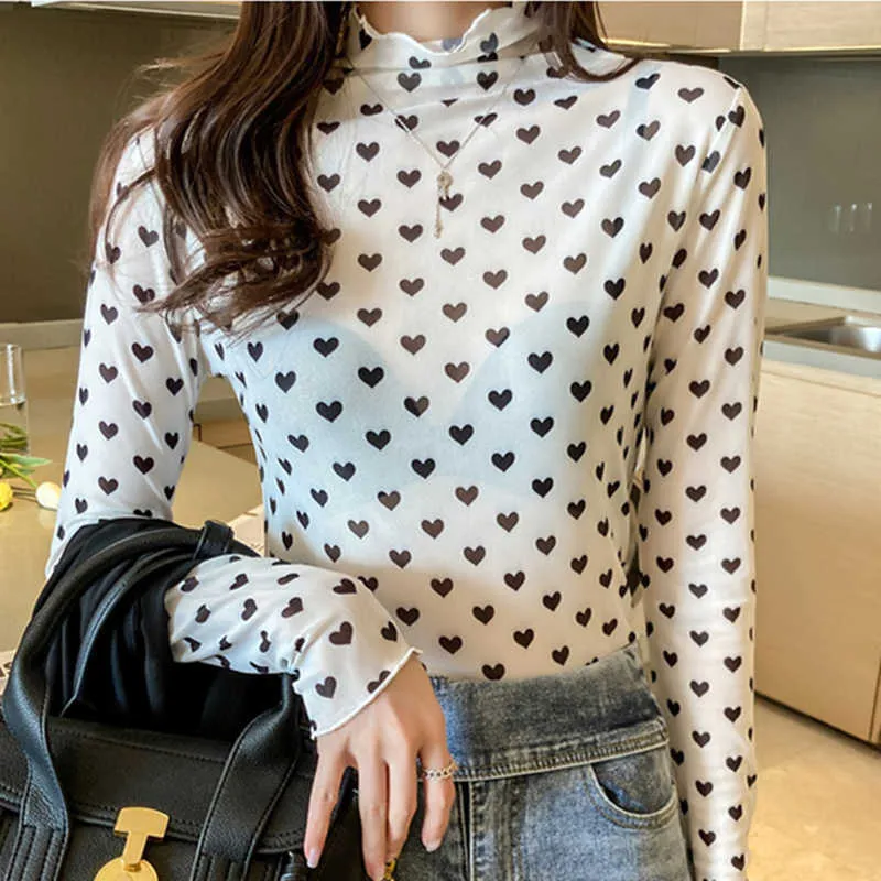 Koreaanse mode mesh vrouw t-shirts solide office dame lange mouw zomer tops voor vrouwen plus size xxxl womens sexy 210531