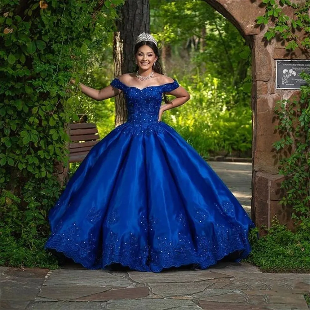 Royal Blue Satin Prom Quinceanera si veste dal corsetto spalla Abito da ballo Sweet 15 Girls Party Formale Abiti