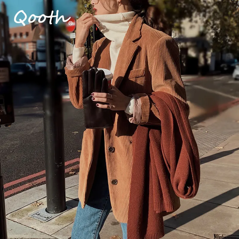 Qooth Spring Autumn France Trendy Corduroy Casual Coat Women Regular Full Sleeve CHIC Slim Blazer Female QT205 210518