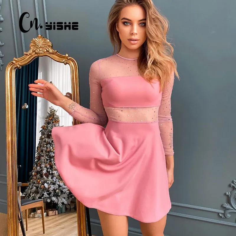 Cnyishe Sexy Sweet Patchwork Voir à travers Robe Femmes Femmes Mode Taille High Cute A-Line Robes Femmes Partie Sundress Vestidos Robes 210419