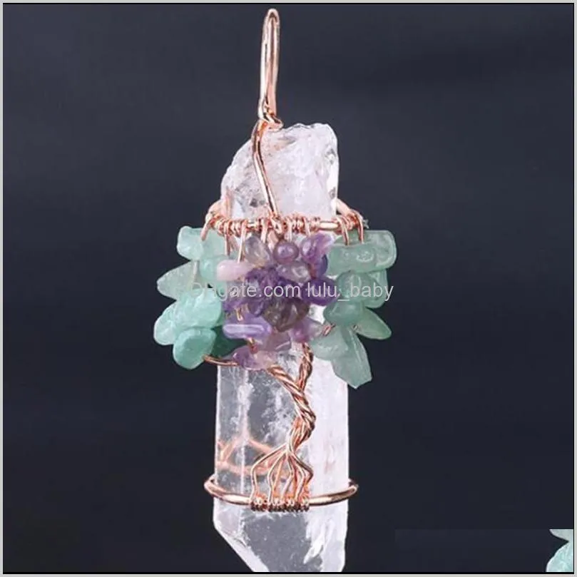 big gemstone pendant women natural white crystal quartz 7 chakra tree of life rose gold handmade wire wrapped necklace charms 
