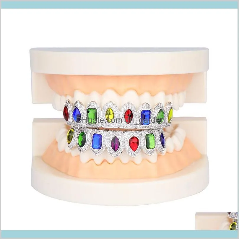 colorful shiny teeth grillz 18k gold plated macro pave cz iced out grillz sets top and bottom hip hop grillzs bling bling style