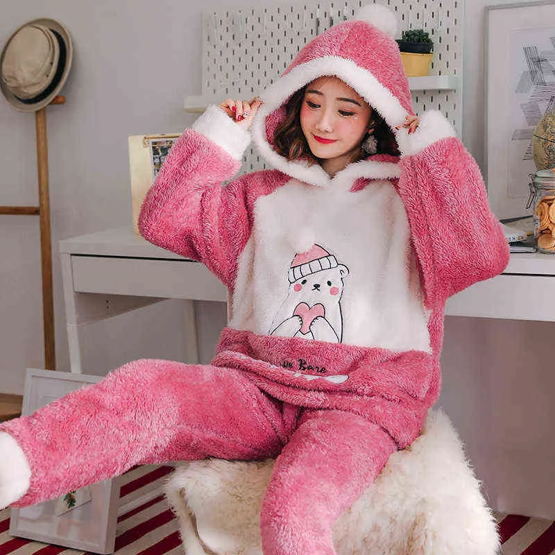 Pyjamas Women Rabbit Adult Animal Pajamas Set Winter Thick Warm Flannel  Pijamas Mujer Sleepwear Anime Customes Home Night Wear 211118