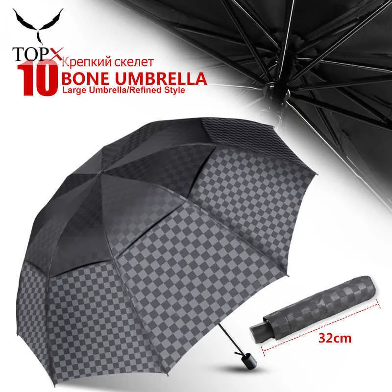 Çift Katmanlı Rüzgar Geçirmez Şemsiye Yağmur Kadın Erkek 4 Folding 10 K İş Şemsiyeleri Erkek Koyu Izgara Şemsiye Aile Seyahat Paraguas 210626