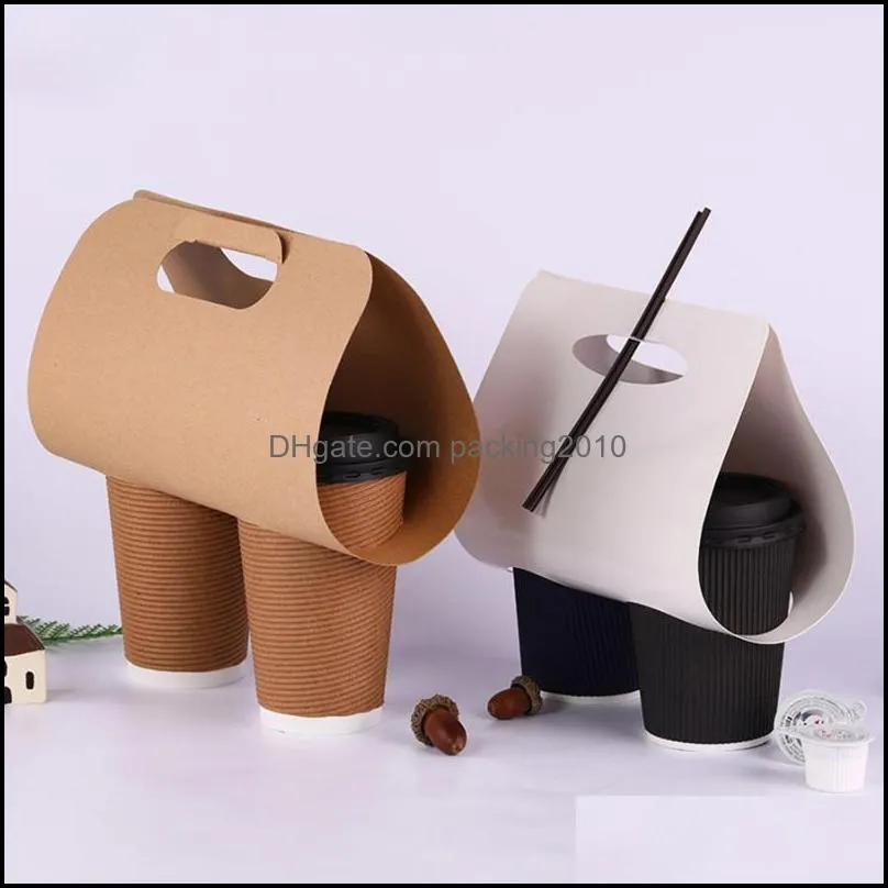 50/100pcs Kraft Paper Cup Holder Portable Beverage Plastic Packaging Disposable Coffee Takeaway Drink Gift Wrap