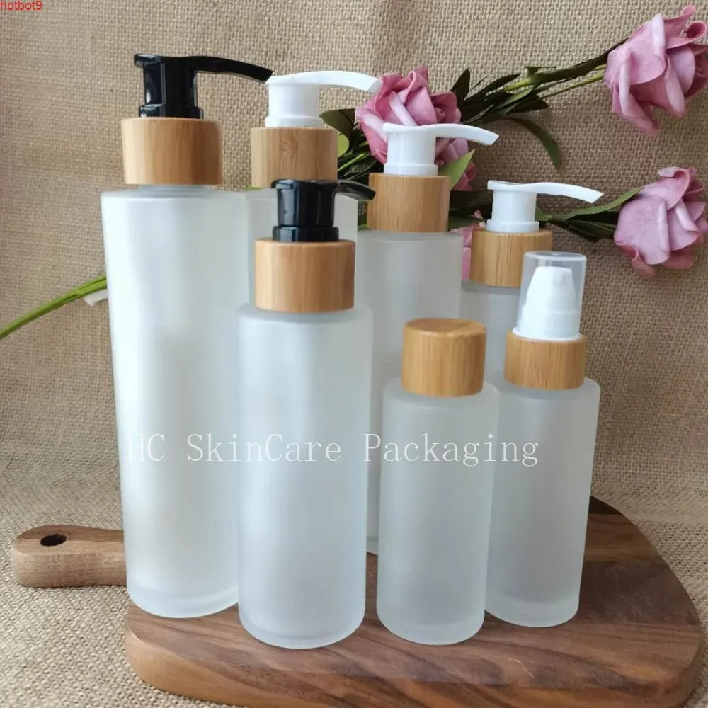 Groothandel glazen lotion pomp fles, mat clear cosmetische container, lege shampoo sub-bottelen, etherische olie flessengoederen
