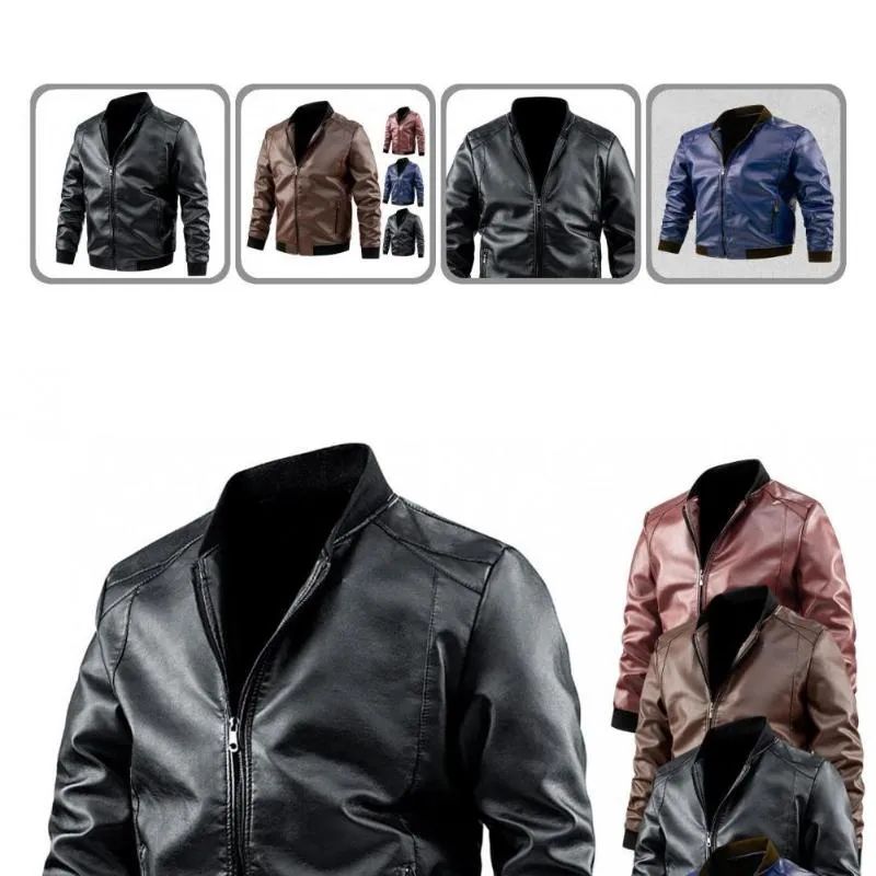 男性のジャケットスタンドカラーグレートフェイクレザーの冬コートモーターバイカースタイルのジャケットジッパー