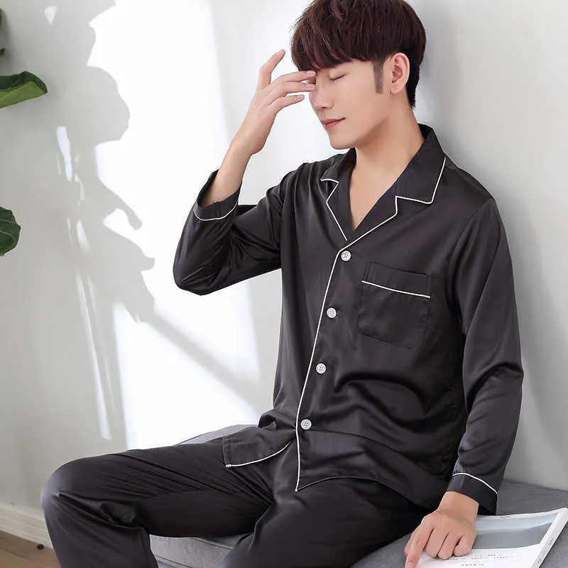 Thoshine Brand Chinese Style Satin Silk Pyjamas Sätter Långärmad Män Slå ner Krage Pijama Male Button Closure Home-Wear Sets 210928