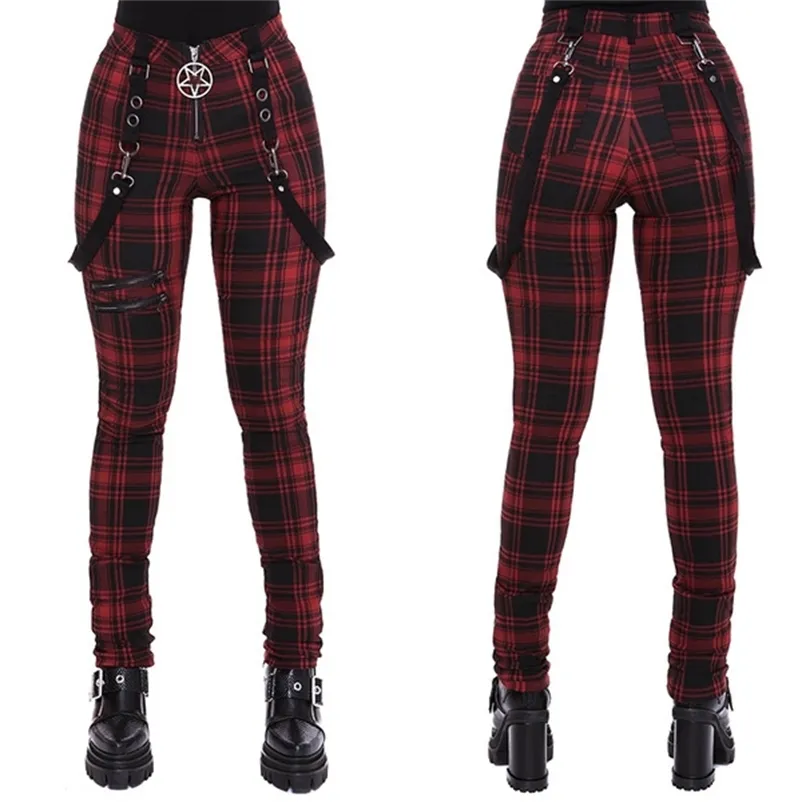 Kvinnor plaid byxor hög midja gotisk punk byxa våren sommar streetwear kvinna mode dragkedja y2k långa bottnar byxor 210909