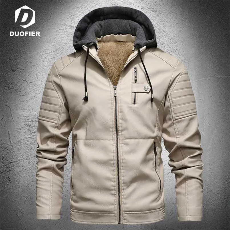 Fashion Leather Jacket Men Autumn Fleece Liner PU Leather Coats with Hood Winter Male Clothing Casual White Motorcycle Jackets 211111