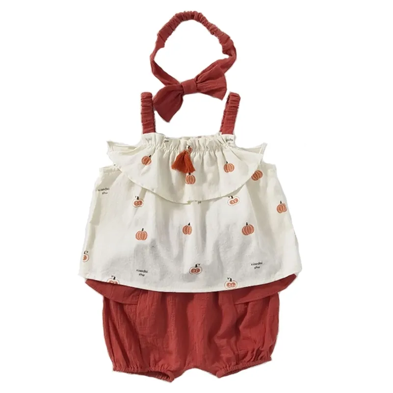 Sommar baby bomull pojke tjej ärmlös sling kläder byxor huvudband tredelade barns jumpsuit 210417