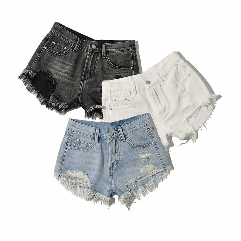 Kvinnors jeans sommargata avslappnad låg midja rippade denim shorts solid färg var tunna tvättade kant kvinnor