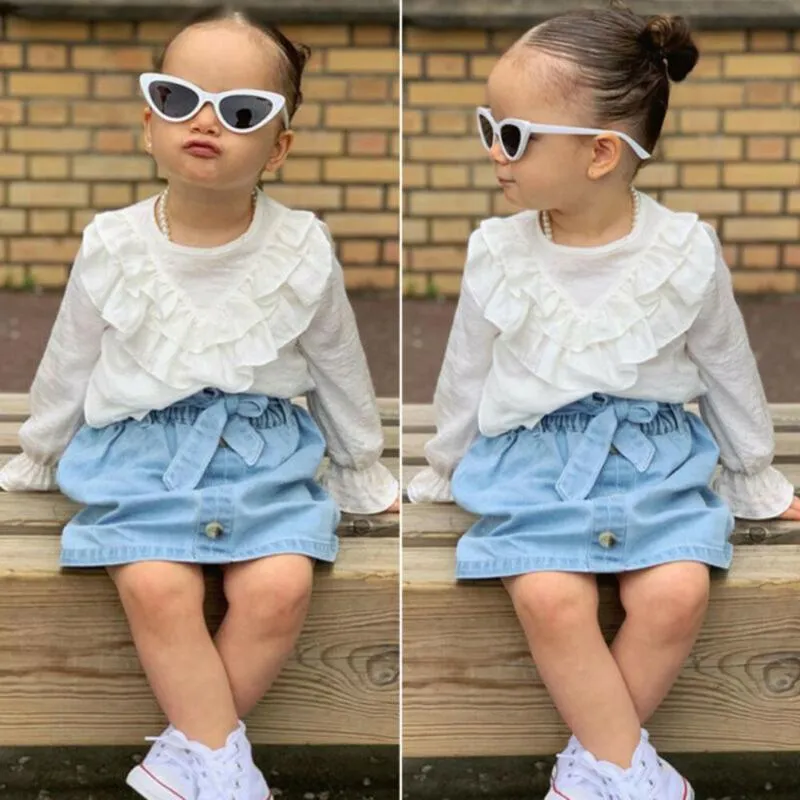 Ensembles de vêtements 2 pièces princesse enfant en bas âge bébé fille à manches longues hauts à volants + robe en jean ensemble de vêtements