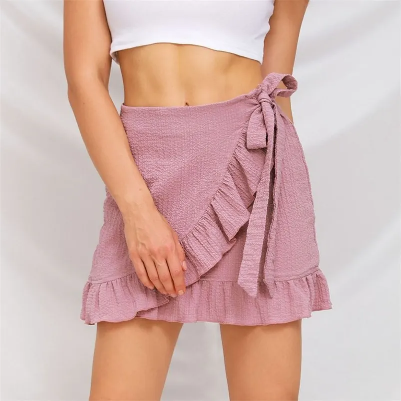 Cotton ruffle mini skirt Autumn Winter casual women solid pink elegant office female girl 210427