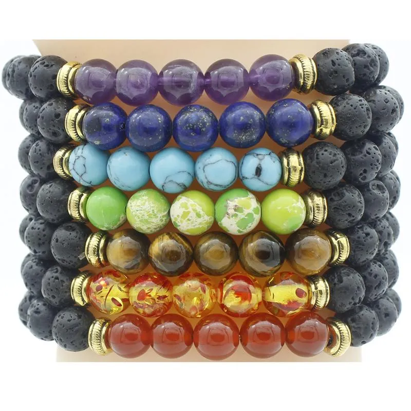 Länk, Kedja 8mm Beaded Armband Multi-Color Valfri Lava Stone Yoga Elastiskt Rope för Kvinnor Män