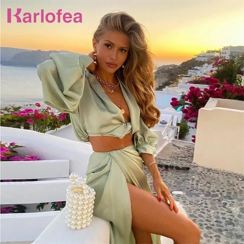Karlofea 2 Piece Set Women Summer Beach Vacation Outfits Sexy Cropped Blouse Shirts High Split Long Skirt Matching Suit Clothes 220302