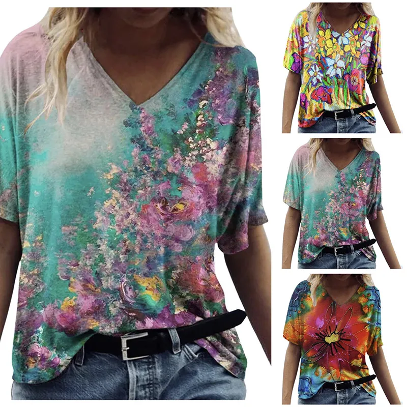 Casual Top Women T Shirt Sexy V Neck Loose Short Sleeve Floral Flowers Printing Piping Comfortable Breathable 3 Colors WMD