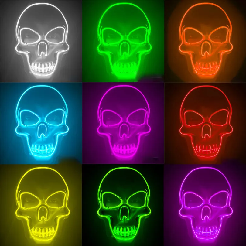 Halloween LED-skalle Mask Glow Scary El-Wire Skeleton Masker för barn Vuxen Newyear Night Club Masquerade Cosplay Kostym 10st Gratis DHL HH21-532